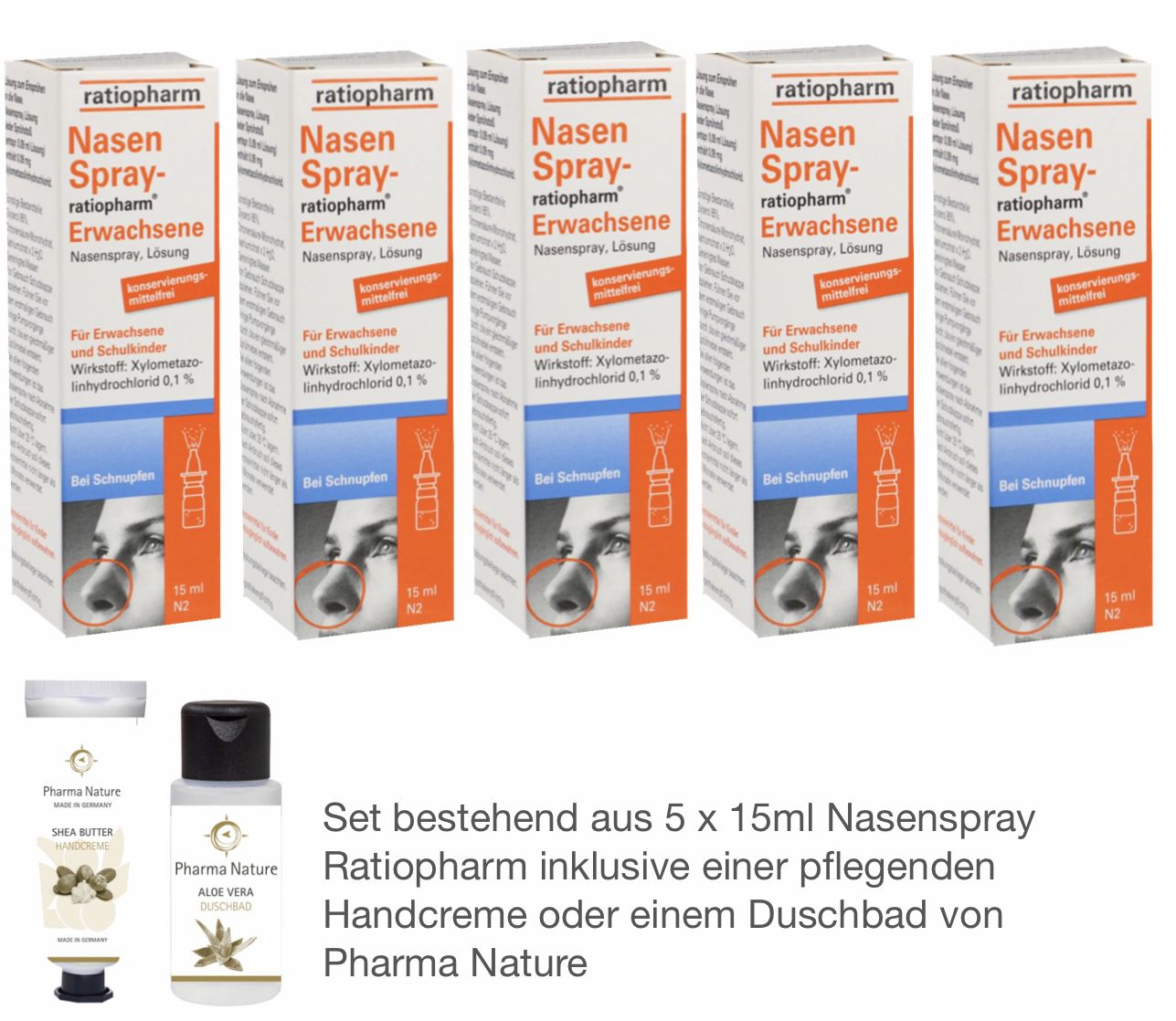 Nasenspray ratiopharm Sparset 5 x 15 ml inkl. einer Handcreme o. Duschbad von Pharma Nature